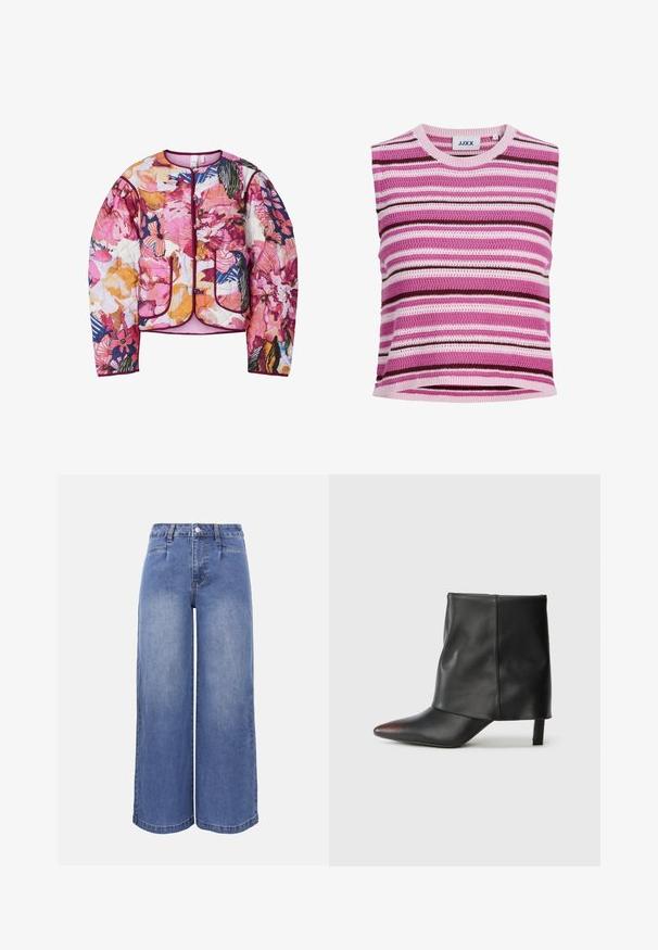 Chaqueta bomber acolchada con un patrón floral multicolor en rosa, naranja y azul, con puños acanalados y dos bolsillos frontales.; Top de punto sin mangas con rayas horizontales en rosa, púrpura, blanco y marrón oscuro, con escote redondo y etiqueta de la marca JJXX.; Vaqueros de mezclilla azul de talle alto y pierna ancha con bolsillos delanteros, trabillas para cinturón, cierre de botón y sutiles desvanecidos en las piernas y muslos.; Botín negro de piel lisa con punta afilada y tacón cónico. La parte superior presenta un diseño ligeramente fruncido.