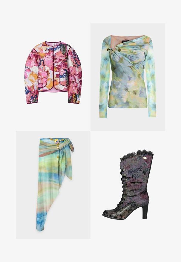 Chaqueta bomber acolchada con un patrón floral multicolor en rosa, naranja y azul, con puños acanalados y dos bolsillos frontales.; Top ajustado de manga larga con patrón floral en tonos pastel, escote asimétrico fruncido con dos cuentas verdes en el hombro izquierdo.; Falda cruzada asimétrica transparente con patrón degradado en azul, verde y beige, sujeta con un cinturón decorativo con cuentas y cierre redondo.; Botín de tacón alto con estampado floral morado, con borde de encaje, material de terciopelo y acentos metálicos. Presenta un cierre de cordones en la parte delantera y un diseño texturizado.