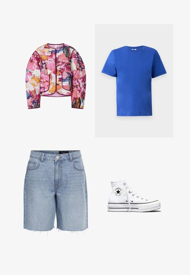 Chaqueta bomber acolchada con un patrón floral multicolor en rosa, naranja y azul, con puños acanalados y dos bolsillos frontales.; Camiseta de manga corta en algodón azul brillante, con cuello redondo y una textura suave sin patrones o acentos visibles.; Pantalones cortos de mezclilla azul claro con cintura alta, cinco bolsillos, dobladillo deshilachado y un cierre clásico de botón. Hechos de una suave tela texturizada.; Zapatilla blanca de caña alta Converse Chuck Taylor All Star con parche de logo negro y cordones blancos, presentada sobre fondo blanco.
