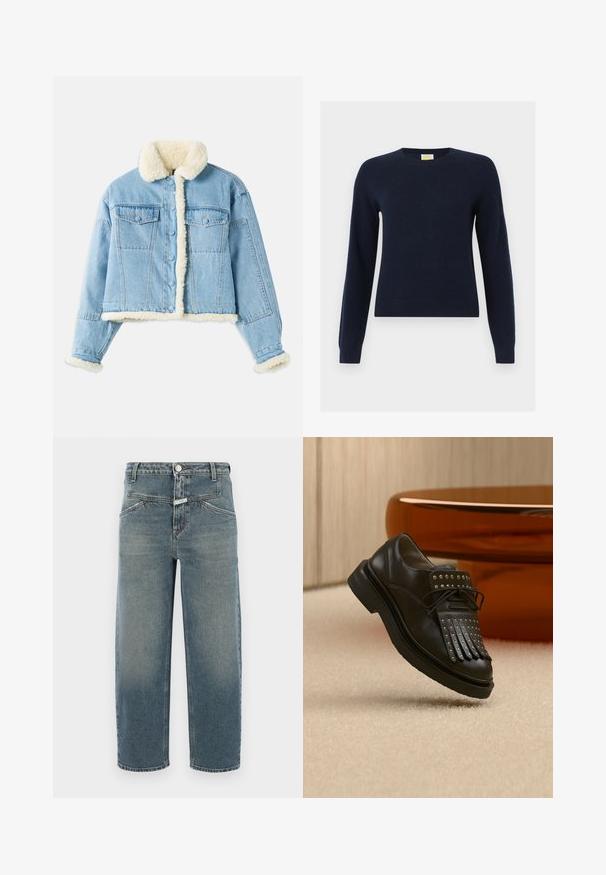 Lichtblauwe denimjack met witte sherpa voering op de kraag, mouwen, voorkant en onderrand, voorzien van knoopsluiting en borstzakken met klep.; Marineblauwe trui met ronde hals en lange mouwen, met geribbelde boorden en zoom, plat neergelegd op een witte achtergrond.; CLOSED STOVER X - Jeans Tapered Fit - mid blue; Zwarte lederen veterlaars met decoratieve franjes en metalen studs geplaatst op een beige tapijt nabij bruin meubilair.
