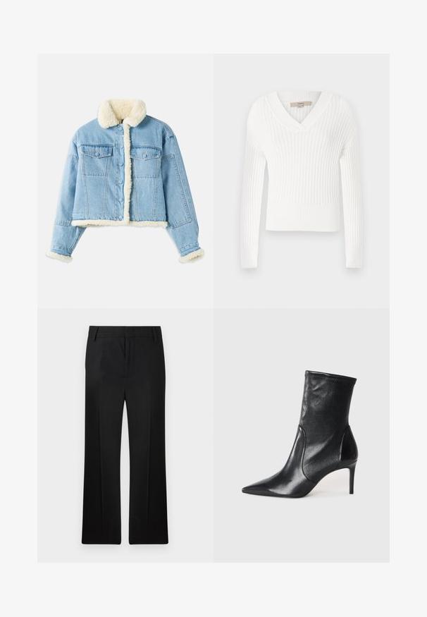 Veste en denim bleu clair avec doublure en sherpa blanche au col, aux poignets, à l'avant et à l'ourlet, dotée d'une fermeture à boutons et de poches à rabat sur la poitrine.; Pull en tricot côtelé blanc avec un col en V, des manches longues et une coupe courte ; présente une finition texturée et des poignets ajustés.; Pantalons noirs, design à jambe droite, fabriqués en tissu lisse. Présente des plis avant subtils et une taille plate avec passants de ceinture.; Bottes noires à la cheville en cuir lisse, dotées d'un bout pointu, d'un tige ajustée et d'un talon haut fin. Design minimaliste sans quincaillerie visible.