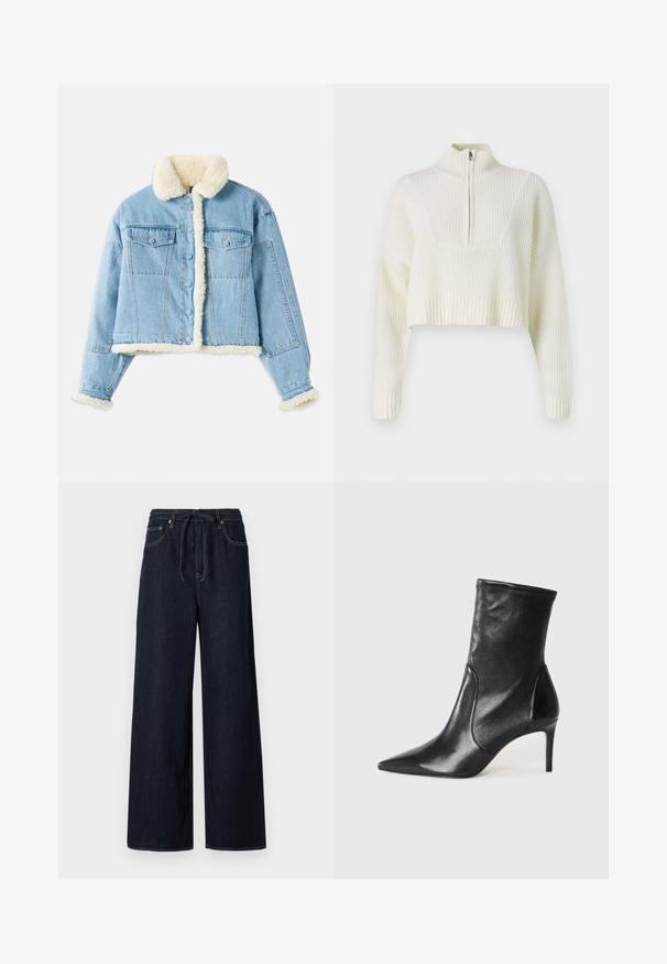 Lyseblå denimjakke med hvid sherpa-foring på krave, ærmer, front og kant, med knaplukning og brystlommer med klap.; Cremefarvet cropped sweater med lynlås i halsen, ribbet tekstur og brede ærmer. Materialet ser blødt og strikket ud.; Mørkeblå vide denimbukser med snoreliv, standard fem-lomme design og kontrasterende syninger.; Sorte ankelstøvler lavet af glat læder, med spids tå, tætsiddende skaft og en slank høj hæl. Minimalistisk design uden synligt hardware.
