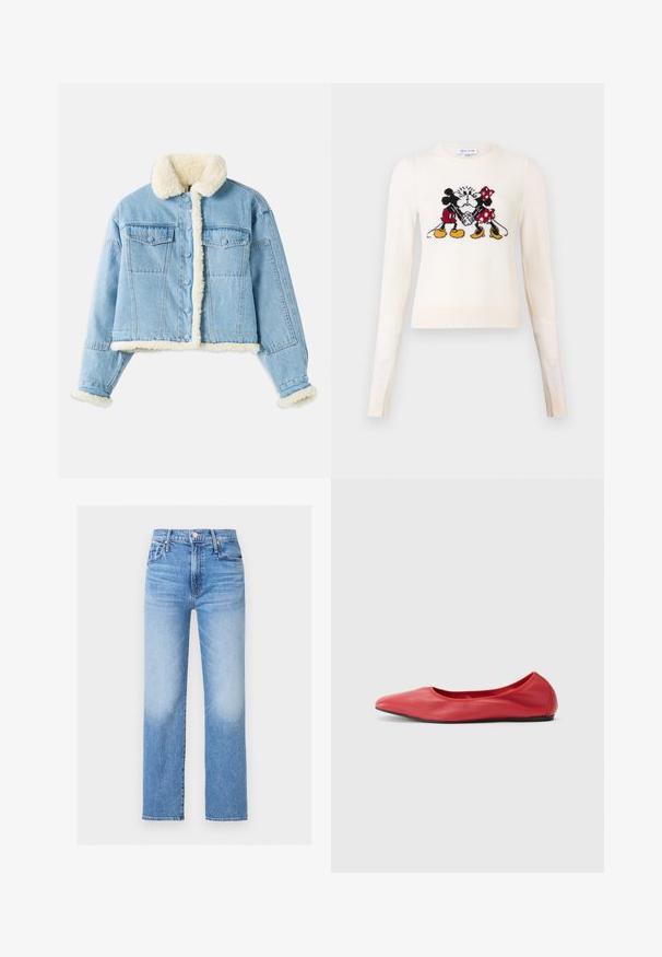 Lyseblå denimjakke med hvid sherpa-foring på krave, ærmer, front og kant, med knaplukning og brystlommer med klap.; Cremefarvet, langærmet sweater med strikket motiv af Mickey og Minnie Mouse, der kysser midt på fronten.; Blå, højtaljede jeans med lige ben i denim med forlommer, bæltestropper, knap og falmede vaskedetaljer på lår og knæ.; Filippa K REY FLATS - Ballerinasko - bright red