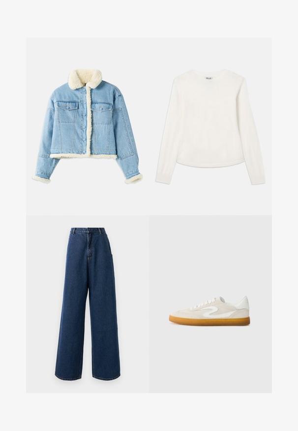 Lyseblå denimjakke med hvid sherpa-foring på krave, ærmer, front og kant, med knaplukning og brystlommer med klap.; Hvid langærmet sweater lavet af blødt strikstof. Har en rund halsudskæring og et diskret broderet logo på brystet. Let loose fit.; Højtaljede brede jeans i mørkeblå denim med frontknap og lynlås, bæltestropper og sidelommer.; Beige ruskindsneaker med hvide læderdetaljer, gummigummisole og rund tå. Har et karakteristisk swoosh-design på siden.