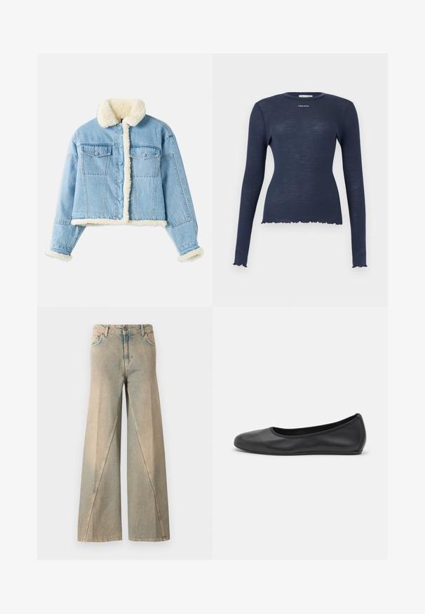 Lichtblauwe denimjack met witte sherpa voering op de kraag, mouwen, voorkant en onderrand, voorzien van knoopsluiting en borstzakken met klep.; Navyblauw geribd, gebreid shirt met lange mouwen, ronde hals, gerimpelde zoom en manchetten, en het "Stine Goya" logo op de borst.; Lichtblauwe wijde jeans van denim. Heeft een hoge taille, voorzakken en een opvallend naaipatroon langs de benen.; Zwarte leren ballerina met een ronde neus, gladde textuur, minimale stikdetails en een flexibele zoolontwerp.