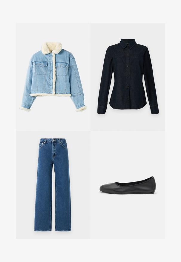 Lichtblauwe denimjack met witte sherpa voering op de kraag, mouwen, voorkant en onderrand, voorzien van knoopsluiting en borstzakken met klep.; CLOSED SEAMING SHIRT - Overhemdblouse - dark blue; Blauwe hoge taille wijde pijpen jeans met sluiting met knoop en rits aan de voorkant, voorzakken en riemlussen op een witte achtergrond.; Zwarte leren ballerina met een ronde neus, gladde textuur, minimale stikdetails en een flexibele zoolontwerp.