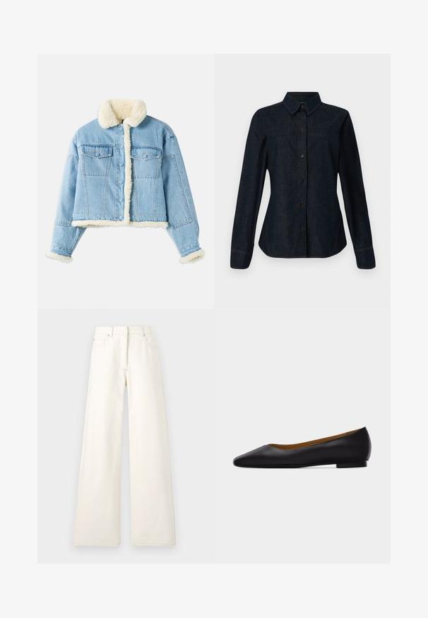 Veste en denim bleu clair avec doublure en sherpa blanche au col, aux poignets, à l'avant et à l'ourlet, dotée d'une fermeture à boutons et de poches à rabat sur la poitrine.; CLOSED SEAMING SHIRT - Chemisier - dark blue; Pantalons larges de couleur crème en denim avec des coutures visibles et des poches. Le design présente une taille haute et une coupe droite.; Chaussure plate en cuir noir à bout pointu avec talon bas et finition lisse, vue de côté sur un fond gris clair.