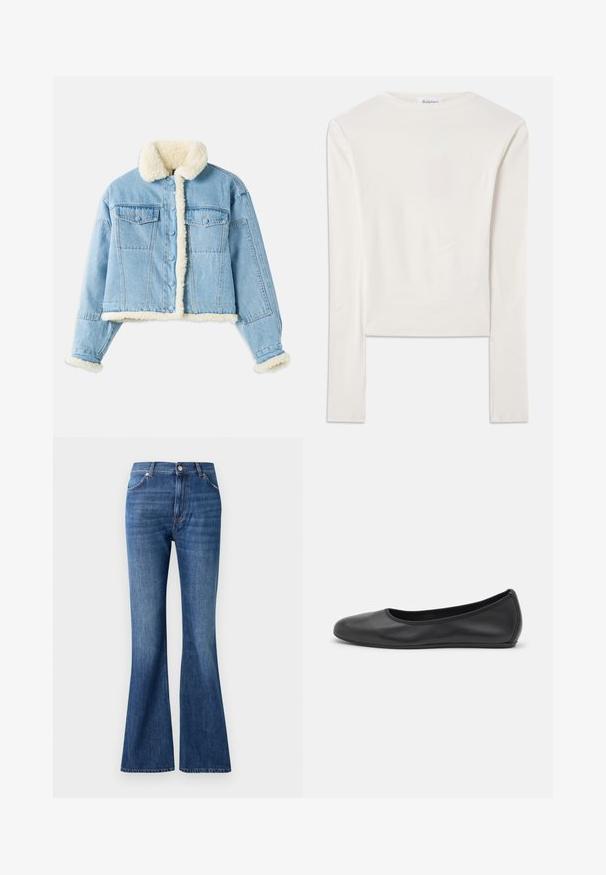 Lichtblauwe denimjack met witte sherpa voering op de kraag, mouwen, voorkant en onderrand, voorzien van knoopsluiting en borstzakken met klep.; Witte lange mouw top van katoen, met een eenvoudige ronde hals en een slim fit. De stof is glad met een lichte stretch.; Blauwe flared jeans van denim, met een hoge taille, vijf zakken en een subtiel wassingpatroon bij de naden.; Zwarte leren ballerina met een ronde neus, gladde textuur, minimale stikdetails en een flexibele zoolontwerp.