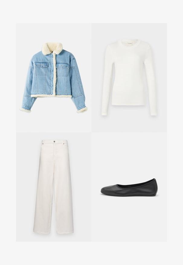 Lyseblå denimjakke med hvid sherpa-foring på krave, ærmer, front og kant, med knaplukning og brystlommer med klap.; Langærmet hvid t-shirt lavet af blødt stof, med rund halsudskæring og et tætsiddende snit. Minimalistisk design uden mønstre eller accenter.; Bredde ben bukser i elfenbensfarvet bomuld. Har en knaplukning, bæltesløjfer og to forlommer. Glat tekstur med minimal detaljer.; Sort læderballetsko med rund tå, glat tekstur, minimal syning og et fleksibelt såldesign.