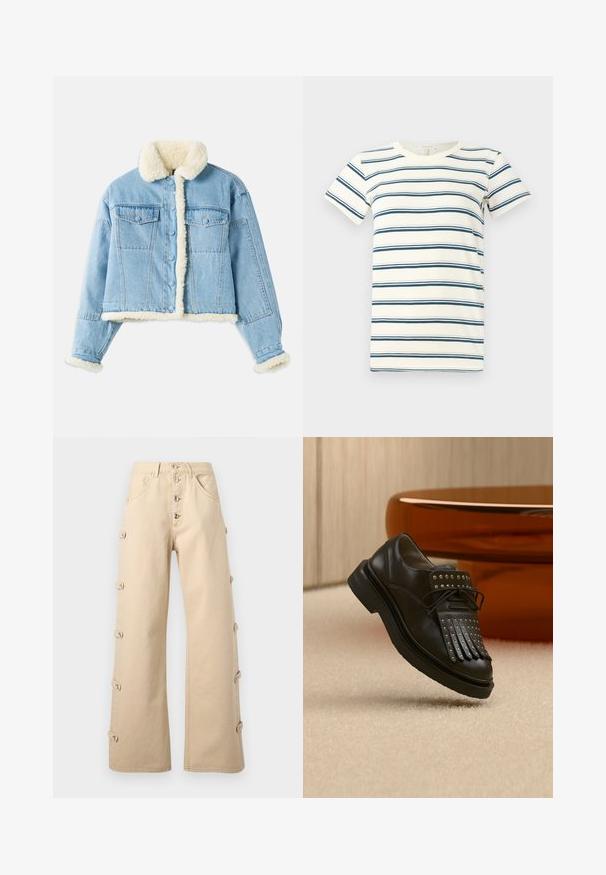 Lyseblå denimjakke med hvid sherpa-foring på krave, ærmer, front og kant, med knaplukning og brystlommer med klap.; Stribet t-shirt med skiftende blå og mørkeblå striber på en crème baggrund, med rund halsudskæring og korte ærmer. Blødt stof.; Beige bukser med vide ben og høj talje, lukning med knapper, sidelommer med knapper og buede lommer foran.; Sort læder snøresko med dekorativ frynse og metalnitter placeret på beige tæppe nær brunt møbel.