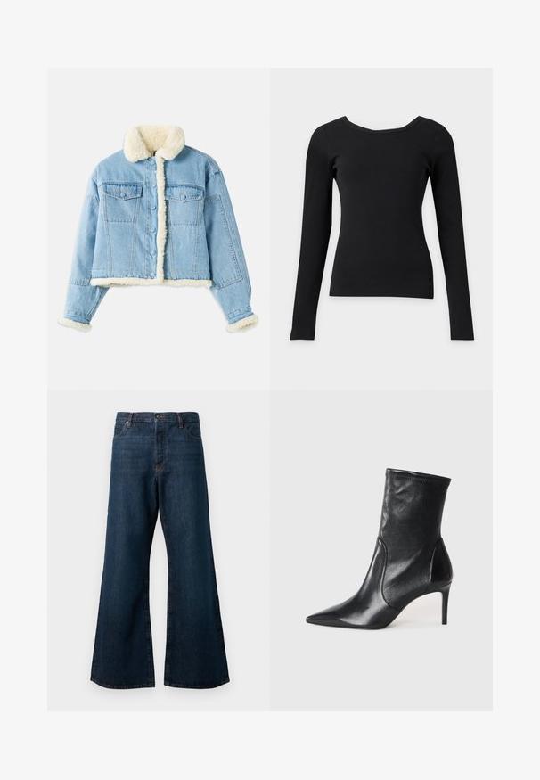 Lyseblå denimjakke med hvid sherpa-foring på krave, ærmer, front og kant, med knaplukning og brystlommer med klap.; Sort tætsiddende top med lange ærmer, bred rund halsudskæring og ribbet struktur på en ensfarvet lys baggrund.; Mørkeblå brede jeans lavet af denim, med høj talje, fem-lomme design og kontrasterende orange syninger langs sømmene.; Sorte ankelstøvler lavet af glat læder, med spids tå, tætsiddende skaft og en slank høj hæl. Minimalistisk design uden synligt hardware.
