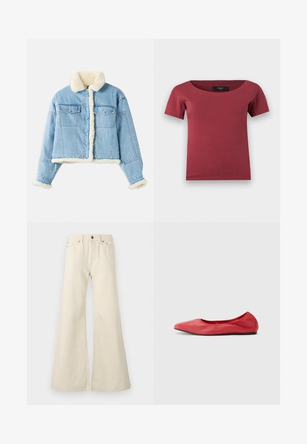 Lichtblauwe denimjack met witte sherpa voering op de kraag, mouwen, voorkant en onderrand, voorzien van knoopsluiting en borstzakken met klep.; Donkerroze dames top met korte mouwen, brede ronde halslijn en nauwsluitende pasvorm, platliggend op een witte achtergrond.; Lichtbeige flared jeans van katoen. Heeft een hoge taille, vijf zakken en een knoopsluiting met contrasterende stikdetails.; Filippa K REY FLATS - Ballerina's - bright red