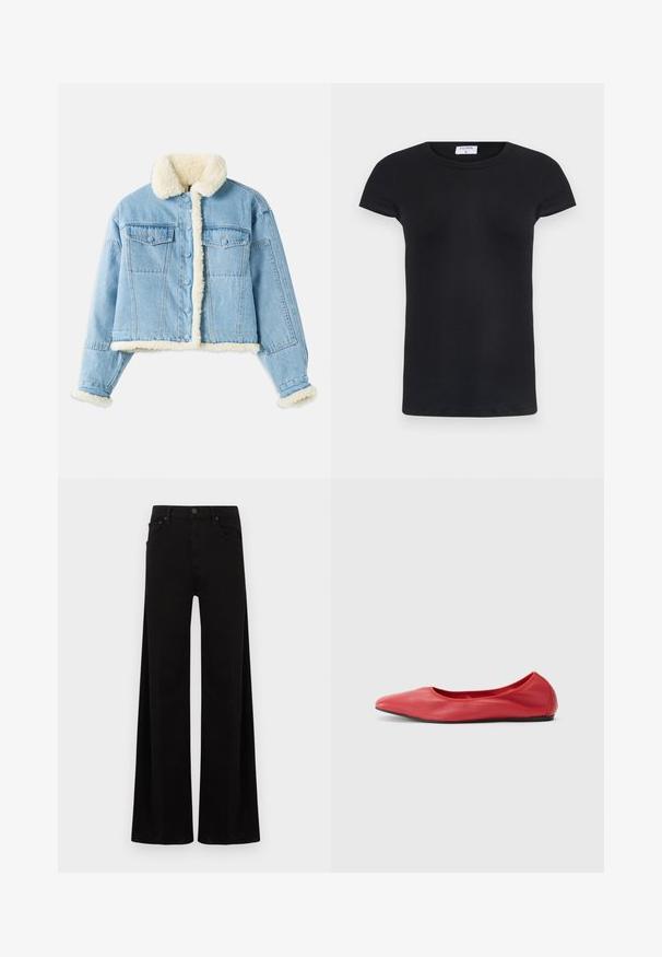 Lichtblauwe denimjack met witte sherpa voering op de kraag, mouwen, voorkant en onderrand, voorzien van knoopsluiting en borstzakken met klep.; Zwarte geribbelde T-shirt met een ronde hals en korte mouwen. Zacht stof met een aansluitende pasvorm, met een label bij de nek.; Zwarte wijde broekspijpen van denim, met een hoge taille, voorzakken en een eenvoudige metalen knoopsluiting.; Filippa K REY FLATS - Ballerina's - bright red