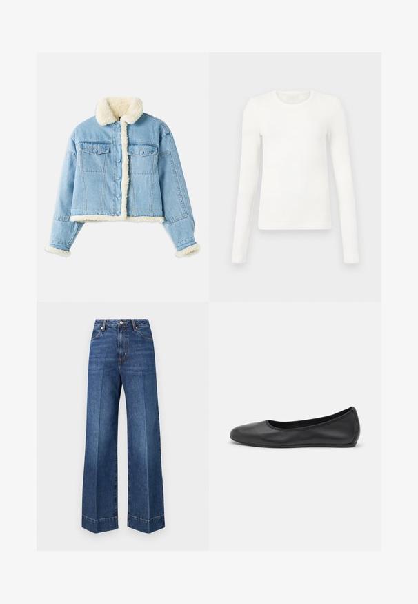 Lichtblauwe denimjack met witte sherpa voering op de kraag, mouwen, voorkant en onderrand, voorzien van knoopsluiting en borstzakken met klep.; Witte lange mouw ribbel top met een ronde hals, voorzien van een getailleerd ontwerp en een gladde textuur, geschikt voor lagen of casual dragen.; Blauwe wijde jeans met hoge taille, voorzakken, knoopsluiting en zichtbare stiksel details op een effen witte achtergrond.; Zwarte leren ballerina met een ronde neus, gladde textuur, minimale stikdetails en een flexibele zoolontwerp.