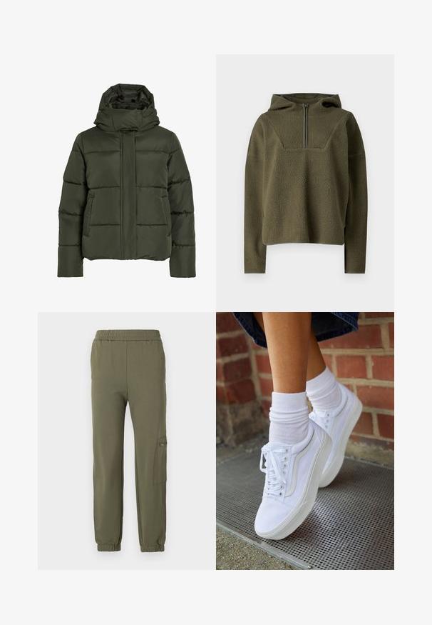 Dikke, olijfgroene jas met hoge kraag en capuchon. Voorzien van horizontale stiksels, zijzakken en een ritssluiting aan de voorkant.; Olijfgroene fleece pullover met capuchon, halve ritssluiting aan de voorkant, textuurstof en contrasterende afwerking aan de onderrand en manchetten.; Olijf groene joggerbroeken met een elastische tailleband, taps toelopende boorden en een zijvak met rits. Zacht, rekbaar stof.; Witte canvas sneakers met rubberen zolen, voorzien van zes vetertjes, een ronde neus en lichte stikdetails, gecombineerd met witte enkelsokken.