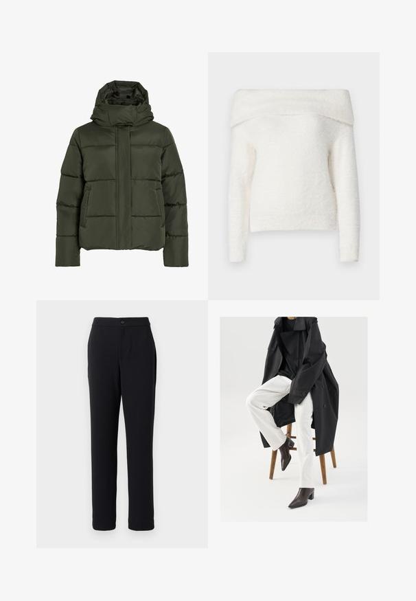 Puffet, olivengrøn jakke med høj krave og hætte. Har vandret syninger, sidelommer og lynlås lukning foran.; Noisy May NMHEIDI OFF SHOULDER - Striktrøje - eggnog; Sorte bukser med lige ben design, lavet af glat stof. Har en frontknaplukning og sidelommer.; Sort, oversized trenchcoat over en sort top, parret med hvide bukser og brune, spidse ankelstøvler, siddende på en træstol.