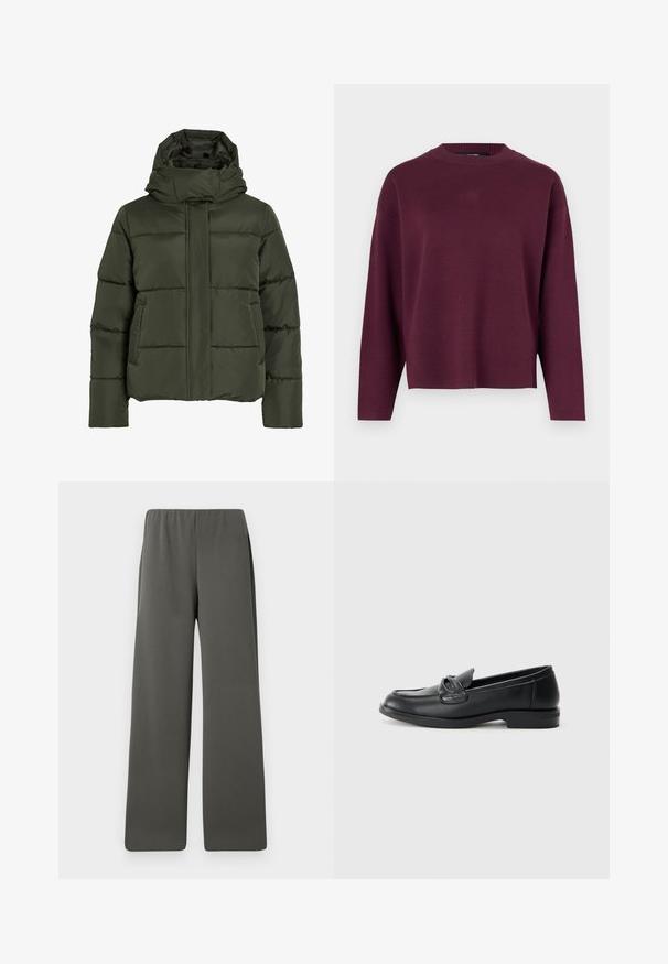 Paks, oliivroheline jakk, millel on kõrge krae ja kapuuts. Omab horisontaalset õmblust, küljetaskuid ja esist zip-sulgemist.; Vero Moda Knitted VMSILJE Knitted - Džemper - winetasting; Tumed hallid kõrge vöökoha laiad püksid, millel on elastne vöö, laotatuna valge tausta peale.; Mustadast mustad nahast loaferid, millel on ümar varvas, õmmeldud disain ja vöö kaunistus peal. Madal plokknina ning sile tekstuur.