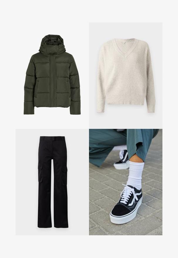 Puffet, olivengrøn jakke med høj krave og hætte. Har vandret syninger, sidelommer og lynlås lukning foran.; Lys grå strikket sweater med V-hals, ribbet tekstur og lyserøde detaljer ved neckline og ærmer. Velegnet til hverdagstøj.; Sorte cargo bukser lavet af slidstærkt stof, med to sidelommer og et lige ben-design. Glat tekstur med en klassisk pasform.; Sorte ruskinds sneakers med hvide accenter og snørebånd, der har en tyk hvid sål og kontrasterende syninger, parret med en hvid sok.