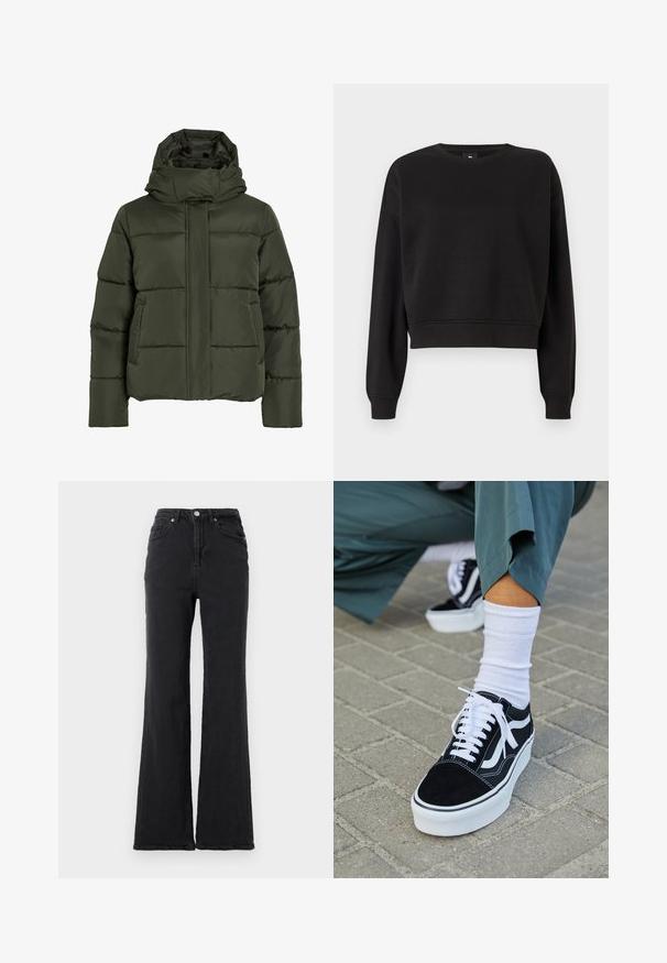 Puffet, olivengrøn jakke med høj krave og hætte. Har vandret syninger, sidelommer og lynlås lukning foran.; Sort cropped sweatshirt med lange ærmer, rund halsudskæring og ribbede manchetter. Lavet af blødt stof med en glat tekstur. Ingen mønstre eller hardware.; Sorte højtaljede denimjeans med flagrende ben, frontknap og fem-lommet design mod en helt hvid baggrund.; Sorte ruskinds sneakers med hvide accenter og snørebånd, der har en tyk hvid sål og kontrasterende syninger, parret med en hvid sok.