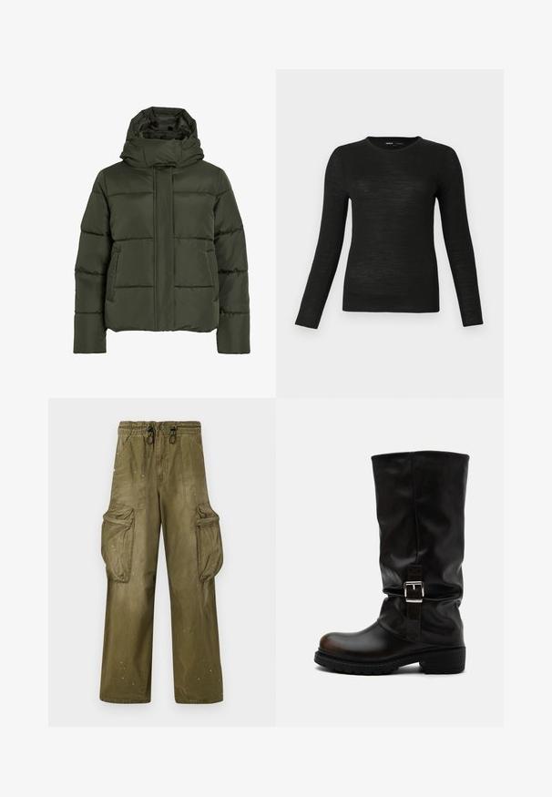 Flauschige, olivgrüne Jacke mit hohem Kragen und Kapuze. Verfügt über horizontale Nähte, seitliche Taschen und einen Reißverschluss vorne.; Schwarzer, langärmliger, figurbetonter Pullover mit Rundhalsausschnitt und glatter Textur, präsentiert auf einem schlichten hellgrauen Hintergrund.; Olivgrüne Cargo-Hosen mit lässiger Passform, elastischem Bund, Kordelzug, zwei seitlichen Taschen und zwei großen Cargo-Taschen. Leichte Abnutzung.; Hoher schwarzer Lederstiefel mit abgerundeter Spitze, niedrigem Absatz, seitlichem Schnallenriemen und leicht geschliffenem Schaft auf weißem Hintergrund.
