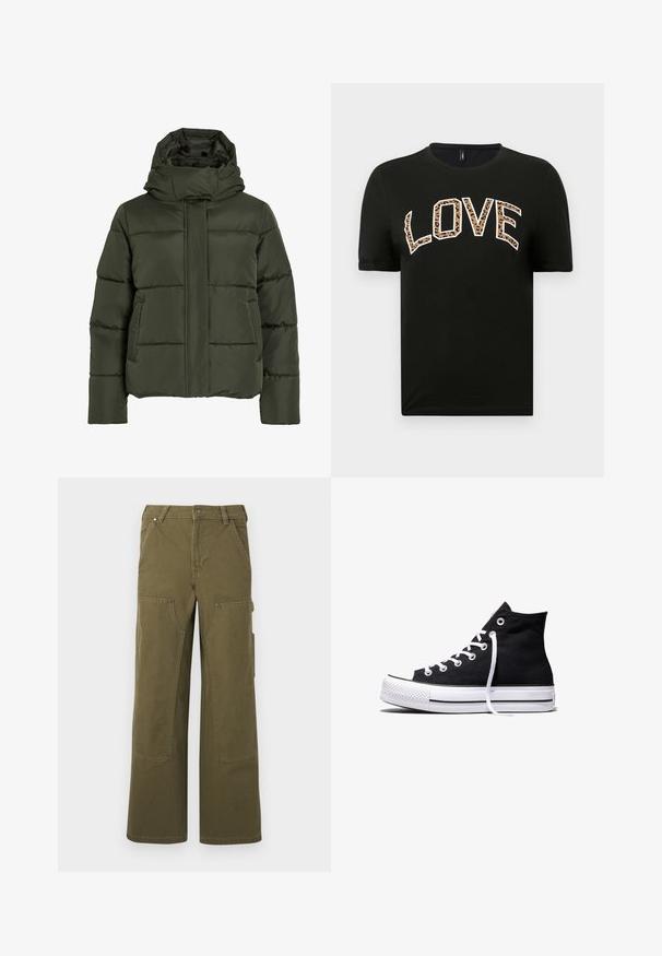 Puffet, olivengrøn jakke med høj krave og hætte. Har vandret syninger, sidelommer og lynlås lukning foran.; Sort kortærmet t-shirt med rund halsudskæring, der har ordet "LOVE" skrevet med hvide og leopardmønstrede bogstaver.; Olivengrønne cargo-bukser lavet af slidstærkt stof, der har vide ben, flere lommer og metalhardware-detaljer for ekstra funktionalitet.; Sort high-top canvas sneaker med hvid gummisål og hvide snørebånd, vist fra siden mod en hvid baggrund.