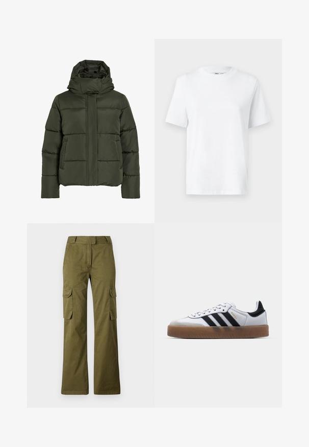 Puffet, olivengrøn jakke med høj krave og hætte. Har vandret syninger, sidelommer og lynlås lukning foran.; Hvid bomulds T-shirt med rund hals, kortærmet og en glat tekstur. Designet med en afslappet pasform for komfort og alsidighed.; Oliven grønne cargo bukser lavet af bomuldsblanding, med lige ben design, to sidelommer og en knaplukning i taljen.; Hvide lædersneakers med sorte striber, gummirubber sål, rund tå, snørelukning og blød grå ruskinds tåhætte.