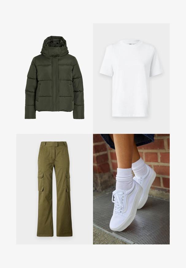 Flauschige, olivgrüne Jacke mit hohem Kragen und Kapuze. Verfügt über horizontale Nähte, seitliche Taschen und einen Reißverschluss vorne.; Weißes Baumwoll-T-Shirt mit Rundhalsausschnitt, kurzärmlig und mit glatter Textur. Entworfen mit einer lockeren Passform für Komfort und Vielseitigkeit.; Olivgrüne Cargo-Hose aus Baumwollmischung, mit geradem Bein, zwei seitlichen Taschen und einem Knopfverschluss am Bund.; Weiße Leinensneaker mit Gummisohlen, ausgestattet mit sechs Ösen, runder Zehenpartie und dezenten Nähten, kombiniert mit weißen Knöchelsocken.