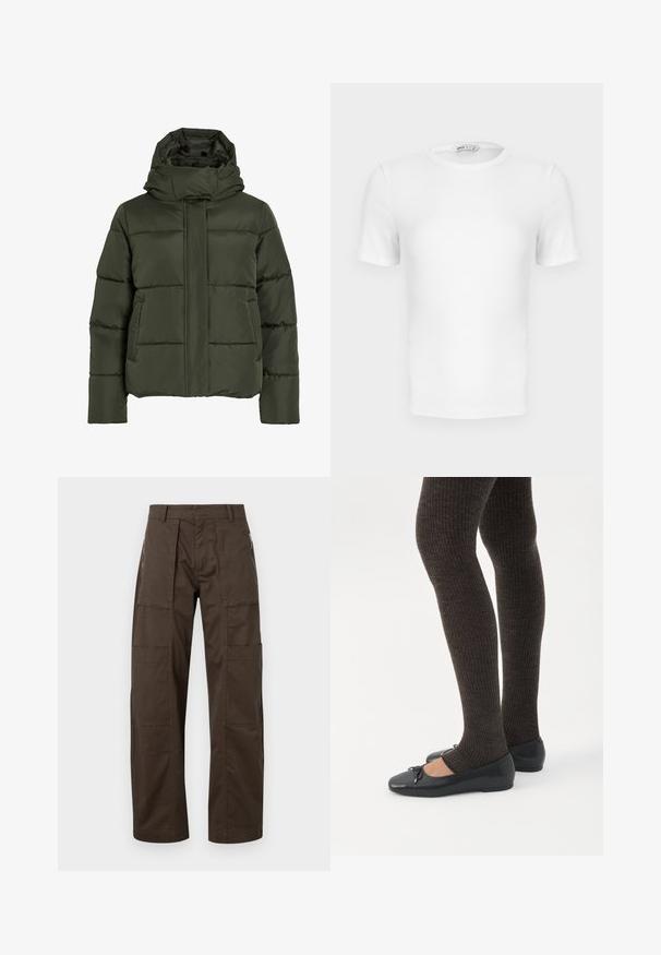 Puffet, olivengrøn jakke med høj krave og hætte. Har vandret syninger, sidelommer og lynlås lukning foran.; Hvid ribstrikket T-shirt med korte ærmer, rund hals og tætsiddende pasform samt en lille mærkeetiket inde i kraven.; Brune cargo bukser lavet af holdbart stof med flere lommer, en afslappet pasform og fremtrædende syninger for øget holdbarhed.; Ben iført mørke ribbede leggings kombineret med sorte balletsko med små sløjfedetaljer på hvid baggrund.