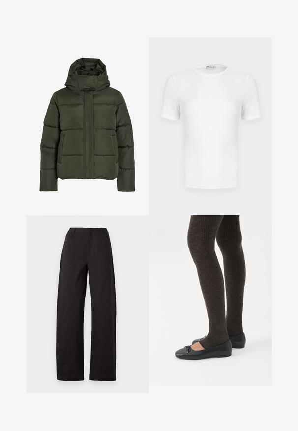Puffet, olivengrøn jakke med høj krave og hætte. Har vandret syninger, sidelommer og lynlås lukning foran.; Hvid ribstrikket T-shirt med korte ærmer, rund hals og tætsiddende pasform samt en lille mærkeetiket inde i kraven.; Sorte vidde bukser med høj talje, lige snit og glat tekstur. Ingen synlige mønstre eller hardware detaljer.; Ben iført mørke ribbede leggings kombineret med sorte balletsko med små sløjfedetaljer på hvid baggrund.
