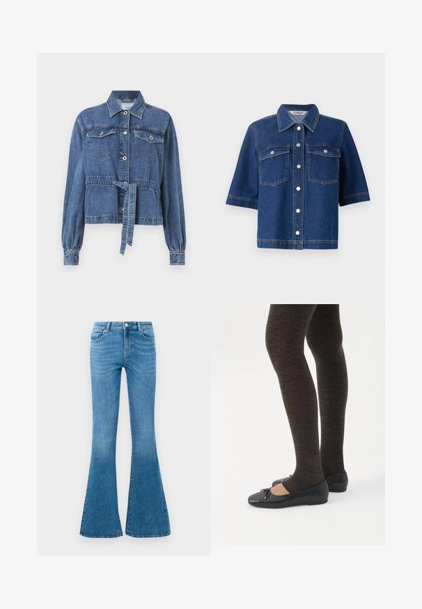 Blauwe denimjas met een aansluitende taille, lange poufsleeves, twee borstzakken en een knopenclosure aan de voorkant. Heeft een strik in de taille.; Donkerblauwe spijkerjas met korte mouwen, twee borstzakken, zilveren drukknoopjes en een kraag.; Blauwe spijkerbroeken met uitlopende pijpen en een mid-rise taille, voorzien van vijf zakken, een standaard knoopsluiting en een lichte vervaging voor textuur.; Benen met donkere geribbelde leggings gecombineerd met zwarte ballerina's met kleine strikdetails op een witte achtergrond.