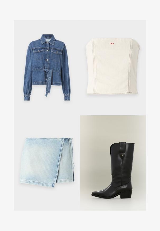 Blauwe denimjas met een aansluitende taille, lange poufsleeves, twee borstzakken en een knopenclosure aan de voorkant. Heeft een strik in de taille.; Lichtbeige, getailleerde crop top van katoen, met een rechte halslijn, minimale stikseldetails en een klein rood logo op de voorkant.; Lichtblauwe denim wikkelrok met een rafelige zoom, met een striksluiting aan de zijkant. De stof heeft een vervaagde, versleten textuur.; Hoge zwarte leren cowboylaars met spitse neus, stevige hak en treklus met een klein gouden logo.