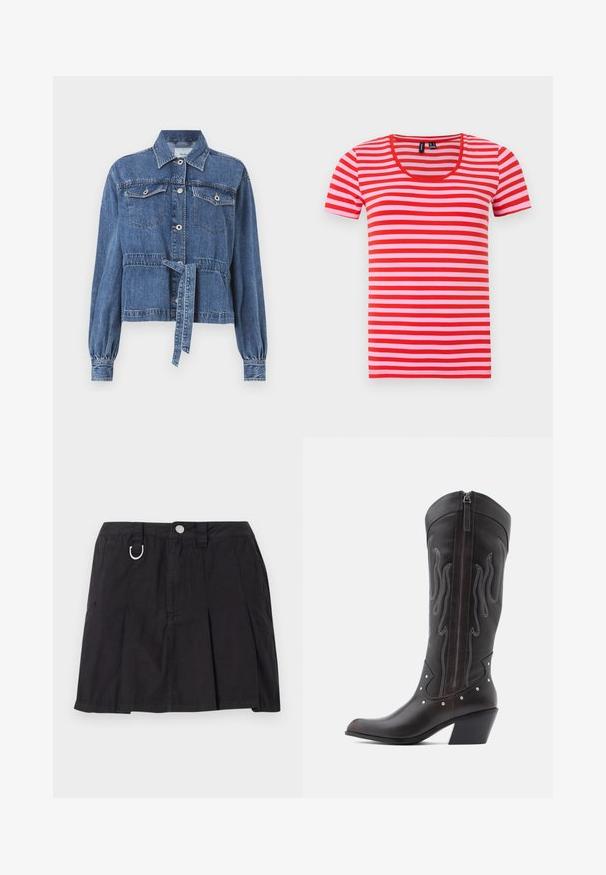 Blaue Jeansjacke mit tailliertem Schnitt, langen puffärmeligen Ärmeln, zwei Brusttaschen und einer Knopfleiste vorne. Mit einem Knoten in der Taille.; Rot-rosa gestreiftes T-Shirt, kurzärmlig, mit Rundhalsausschnitt, aus weichem Stoff, mit gleichmäßig verteilten horizontalen Streifen.; Schwarze Plisseerock aus Baumwolle mit einer Knopfleiste vorne, Gürtelschlaufen und einem D-Ring-Accent am Bund.; Braune Cowboy-Stiefel aus Leder mit Flammenstickerei, seitlichem Reißverschluss, silbernen Nieten, spitzer Zehenpartie und geschichtetem Absatz.