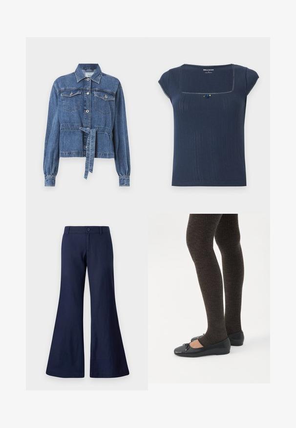 Blå denimjakke med tilpasset talje, lange puffede ærmer, to brystlommer og frontlukning med knapper. Har en snøre i taljen.; Marineblå ribbet top med kvadratisk udskæring, korte ærmer og en dekorativ blå og grøn accent nær udskæringen.; Marineblå flagrende bukser lavet af bomuld, med en knaplukning, bæltestropper og en glat tekstur med brede benåbninger.; Ben iført mørke ribbede leggings kombineret med sorte balletsko med små sløjfedetaljer på hvid baggrund.