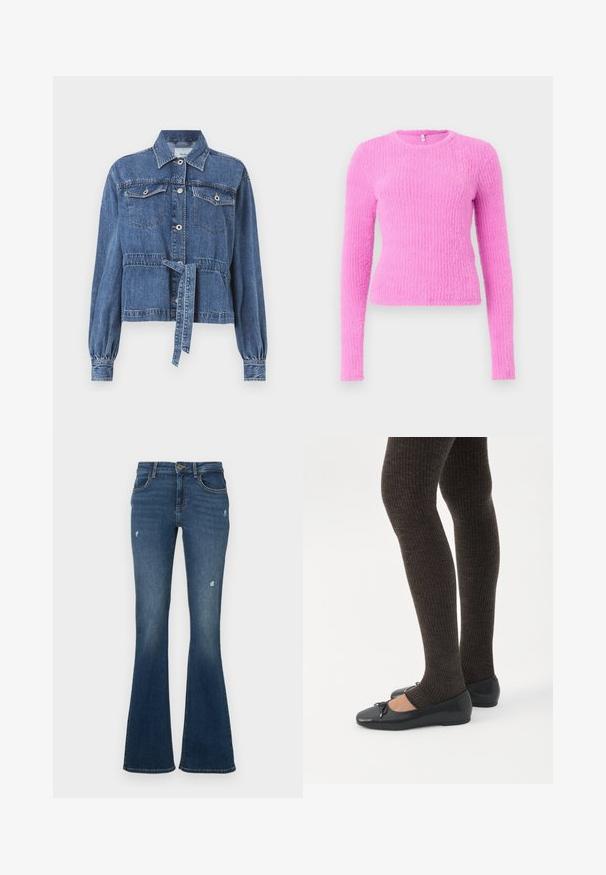 Blaue Jeansjacke mit tailliertem Schnitt, langen puffärmeligen Ärmeln, zwei Brusttaschen und einer Knopfleiste vorne. Mit einem Knoten in der Taille.; Rosa langärmliger Pullover aus strukturiertem Material. Verfügt über einen runden Ausschnitt und eine taillierte Silhouette, mit einem gerippten Muster über das gesamte Kleidungsstück.; Jeans aus dunkelblauem Denim mit ausgestelltem Bein und abgenutzten Stellen. Verfügt über fünf Taschen und einen Reißverschluss. Mittelgewichtiger Stoff mit glatter Textur.; Beine in dunklen, gerippten Leggings kombiniert mit schwarzen Ballerinas mit kleinen Schleifendetails auf weißem Hintergrund.