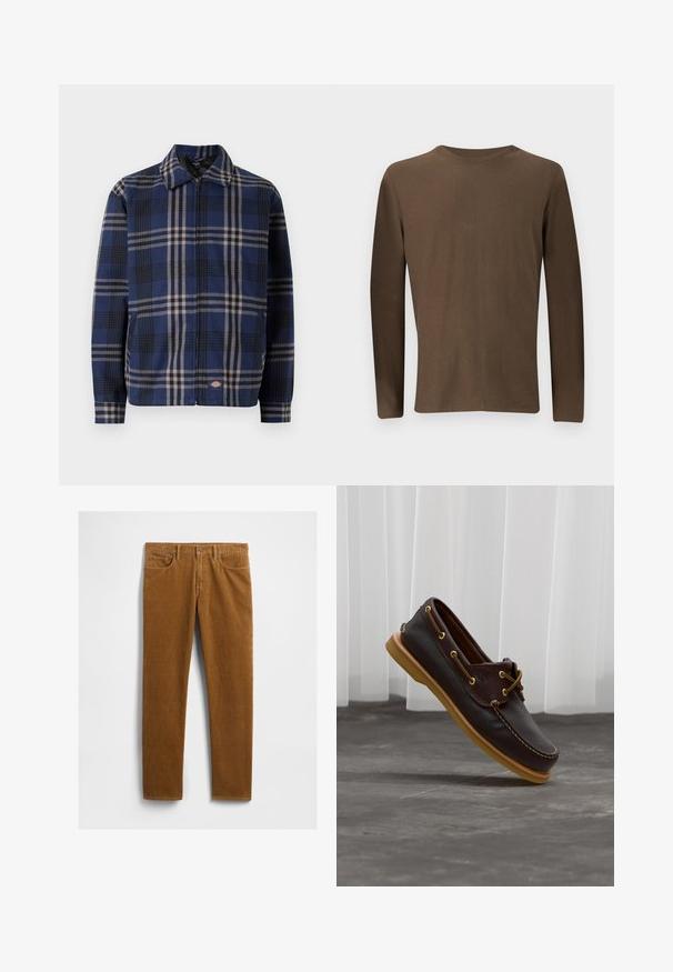 Rutet jakke i navy, sort og beige. Har krave, frontlynlås og elastiske manchetter med et logo på den nederste del.; Simpel brun langærmet rundhals sweater med lige kant, vist fladt på en lys grå baggrund.; Brune cowboybukser med et lige ben design, som har fem lommer og en lukning med metal knap i taljen. Tekstureret stof.; Mørkebrun læder bådsko med lysebrun sål og snøre detaljer, vinklet over en grå gulv med hvide gardiner i baggrunden.
