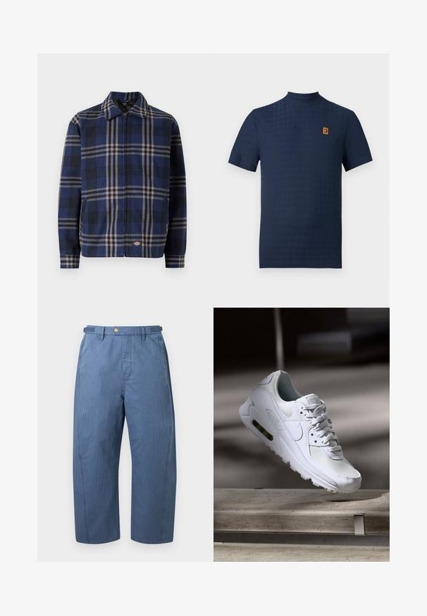 Rutet jakke i navy, sort og beige. Har krave, frontlynlås og elastiske manchetter med et logo på den nederste del.; Mørkeblå t-shirt med korte ærmer, med høj hals og lille multifarvet firkantet logo på venstre bryst mod hvid baggrund.; Blå bukser med vide ben, forlommer, bæltestropper og knaplukning i taljen, vist på en ensfarvet baggrund.; Hvide Nike Air Max 90 sneakers med en overdel i mesh og læder, perforeret tåboks og en synlig luftenhed i hælen.