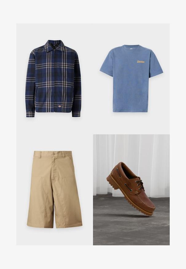 Chaqueta a cuadros en azul marino, negro y beige. Presenta un cuello con solapa, cremallera frontal y puños elásticos con un logo en el lado inferior.; Camiseta azul de manga corta con cuello redondo y pequeño logo amarillo de "Dickies" en el pecho izquierdo sobre un fondo blanco.; Pantalones cortos caqui de corte recto, confeccionados con tela ligera, con dos bolsillos delanteros y cierre de botón en la cintura.; Zapato náutico de cuero marrón con cordones negros, costuras beige y una suela resistente, suspendido sobre un suelo de hormigón gris.