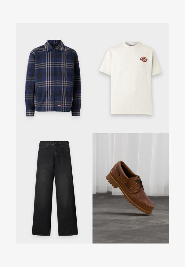 Geruite jas in marineblauw, zwart en beige. Beschikt over een kraag, een ritssluiting aan de voorkant en elastische manchetten met een logo aan de onderzijde.; Off-white T-shirt met korte mouwen en een klein rond logo van Dickies in rood, geel en blauw op de linkerborst.; Zwarte wijde spijkerbroek met hoge taille, ontwerp met vijf zakken en een enkele knoopsluiting aan de voorkant. Gladde textuur met minimale details.; Bruine leren bootschoen met zwarte veters, beige stiksel en een robuuste zool, zwevend boven een grijze betonnen vloer.