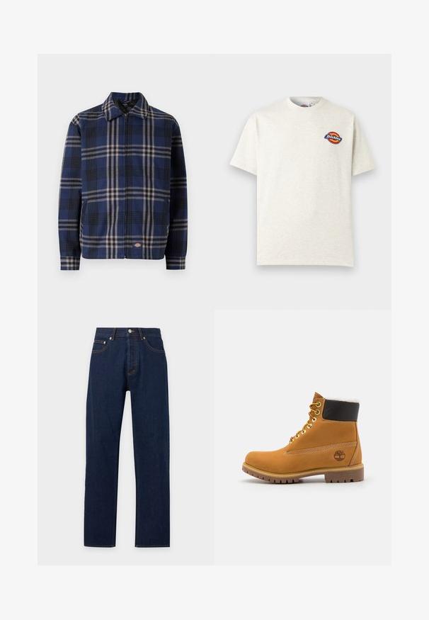 Chaqueta a cuadros en azul marino, negro y beige. Presenta un cuello con solapa, cremallera frontal y puños elásticos con un logo en el lado inferior.; Camiseta de manga corta color blanco hueso con un pequeño logo redondo de Dickies en rojo, amarillo y azul en el pecho izquierdo.; Vaqueros de mezclilla azul oscuro de corte recto con bolsillos delanteros, trabillas para cinturón y cierre de botón sobre un fondo claro y simple.; Botín de cuero marrón con ojales de metal, forro de piel sintética blanca, cuello acolchado negro, suela resistente y logotipo en relieve en el costado.
