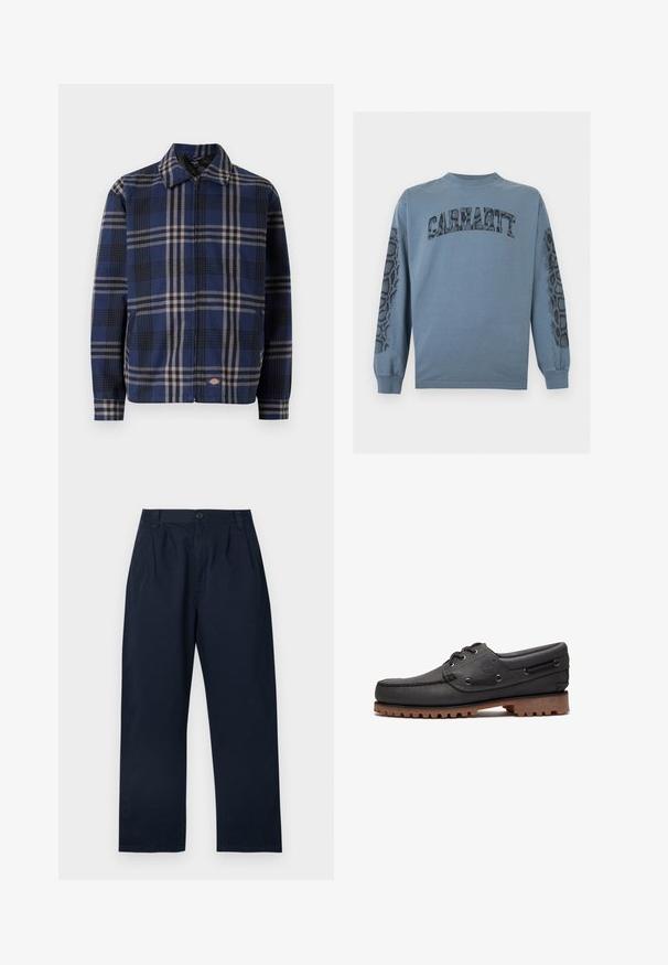 Geruite jas in marineblauw, zwart en beige. Beschikt over een kraag, een ritssluiting aan de voorkant en elastische manchetten met een logo aan de onderzijde.; Blauw Carhartt shirt met lange mouwen met tekst in slangenhuidpatroon op de voorkant en bijpassende slangenhuidontwerpen langs beide mouwen.; Donker marineblauwe katoenen broek, met knoopsluiting, plooien aan de voorkant en een rechte pijp.; Zwart leren bootschoen met veters, ronde neus, gestructureerde bruine rubberen zool en gestikte leren zijkanten.