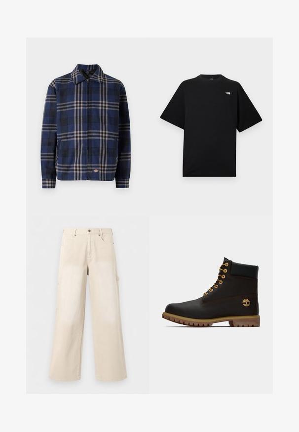 Rutet jakke i navy, sort og beige. Har krave, frontlynlås og elastiske manchetter med et logo på den nederste del.; Sort T-shirt med korte ærmer og rund hals, med lille hvidt The North Face-logo på øverste venstre bryst.; Beige bukser med brede ben, forlommer, knaplukning og bæltestropper, vist mod en ensfarvet hvid baggrund.; Sorte læder ankelstøvle med gyldne øjer, brune detaljer og gummisål. Har en polstret krave og præget logo på siden.