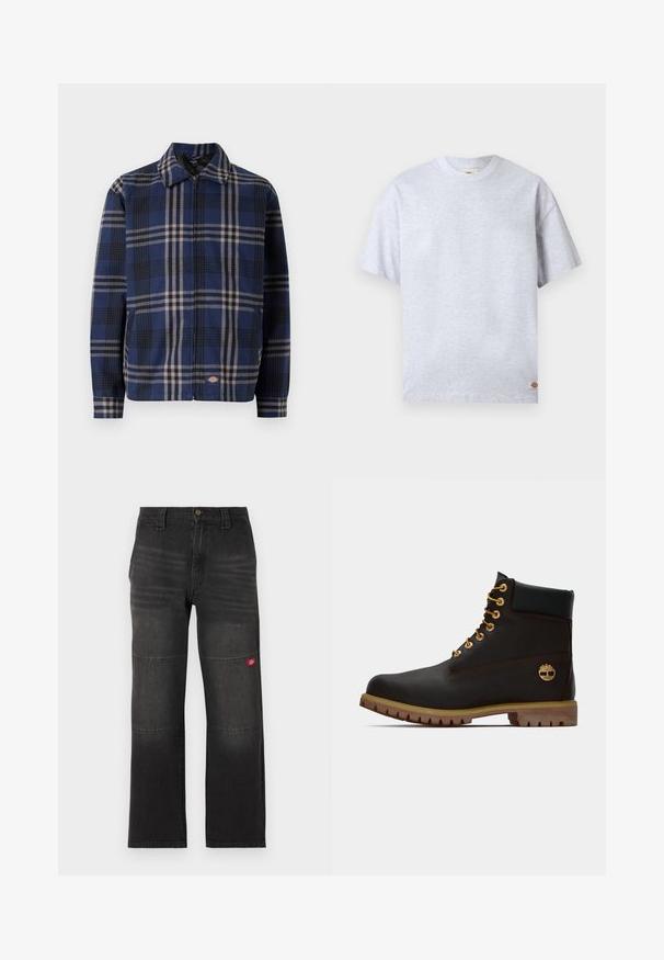 Rutet jakke i navy, sort og beige. Har krave, frontlynlås og elastiske manchetter med et logo på den nederste del.; Enkelt lysegråt T-shirt med korte ærmer og rund hals, med en lille rektangulær logo-tag nederst ved højre kant.; Sorte denim arbejdssbukser med dobbelte knæpaneler og et lille rødt logo på højre ben, lige snit og linning med knaplukning.; Sorte læder ankelstøvle med gyldne øjer, brune detaljer og gummisål. Har en polstret krave og præget logo på siden.