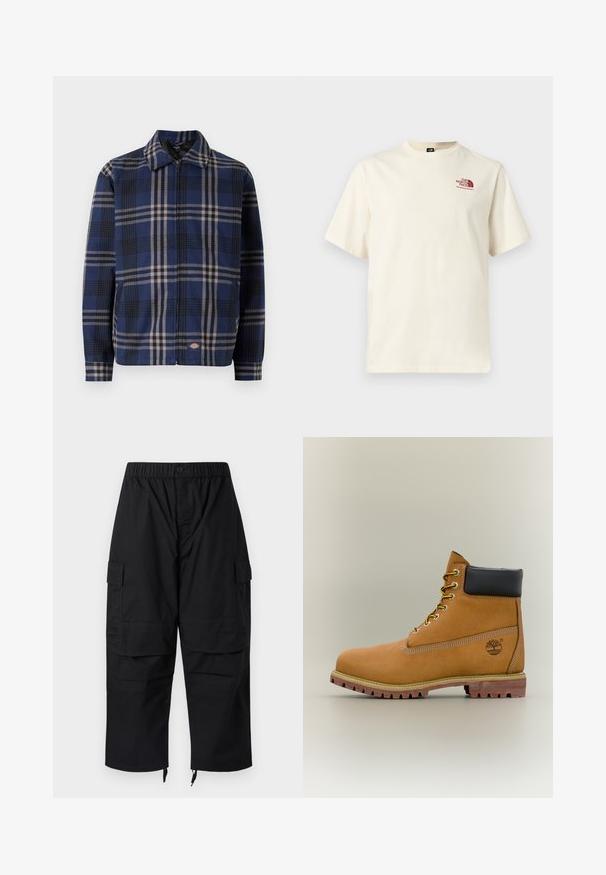 Geruite jas in marineblauw, zwart en beige. Beschikt over een kraag, een ritssluiting aan de voorkant en elastische manchetten met een logo aan de onderzijde.; Korte mouwen off-white T-shirt met bordeauxkleurig 'The North Face' logo op de linkerborst, ronde hals, eenvoudig ontwerp.; Zwarte cargobroek met een elastische tailleband, meerdere zakken en ritsen bij de enkels, uitgevoerd in een comfortabele, losse pasvorm.; Bruine leren enkellaars met zwarte kraag, gele veters en een zandkleurige zool. Voorzien van een logo en witte stikseldetails. Robuuste loopzool met grip.