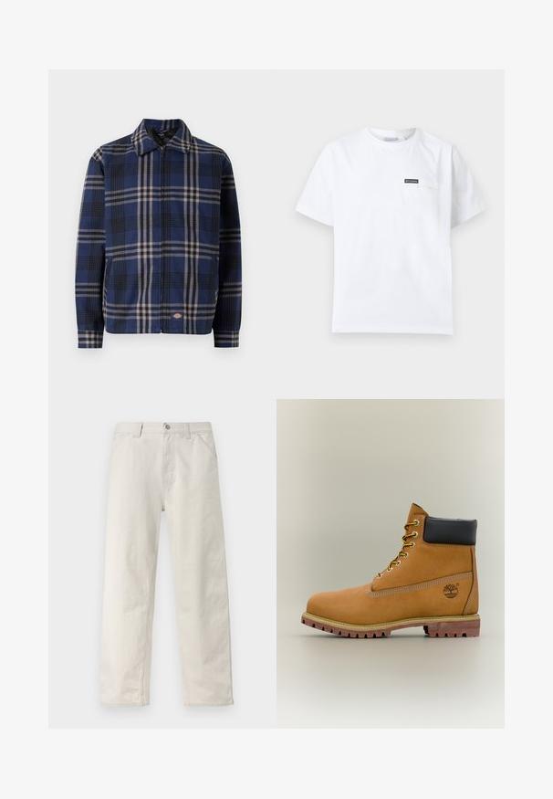 Rutet jakke i navy, sort og beige. Har krave, frontlynlås og elastiske manchetter med et logo på den nederste del.; Hvid T-shirt med korte ærmer og rund halsudskæring samt en lille brystlomme med et sort Columbia-logo påsat.; Lysebeige bukser med lige ben og diskrete lodrette striber, frontknapper, bæltestropper og sidelommer.; Brun læderankelstøvle med sort krave, gule snørebånd og tanfarvet sål. Har logo og hvide syninger som detalje. Robust ydersål med greb.