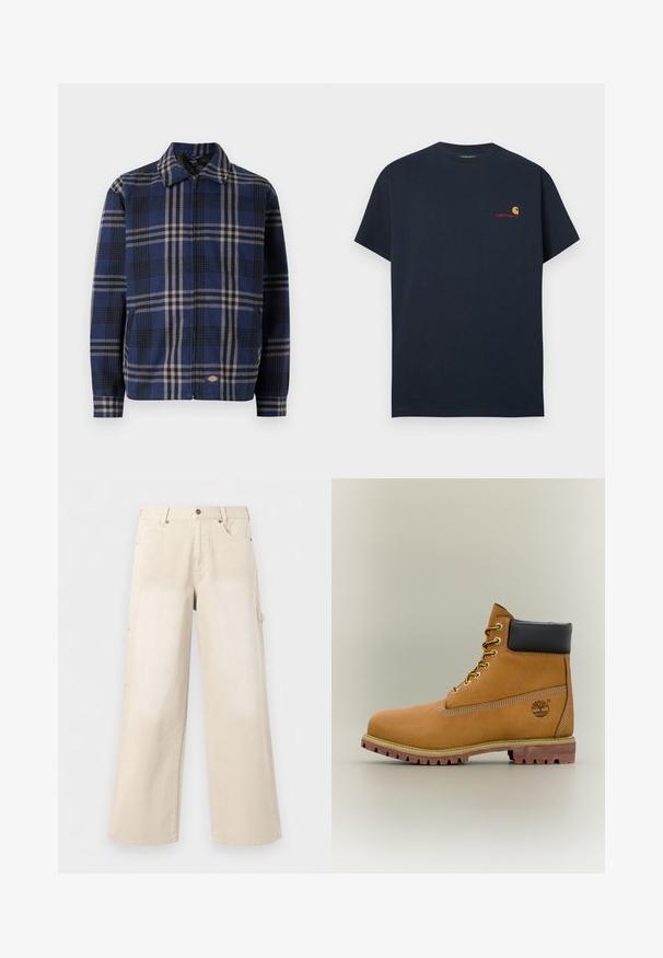 Chaqueta a cuadros en azul marino, negro y beige. Presenta un cuello con solapa, cremallera frontal y puños elásticos con un logo en el lado inferior.; Camiseta de algodón azul marino con mangas cortas y cuello redondo. Presenta un pequeño logo de Carhartt en naranja y rojo en el pecho izquierdo.; Pantalones beige de pierna ancha con bolsillos delanteros, cierre de botón y trabillas para cinturón, mostrados sobre un fondo blanco liso.; Bota de tobillo de cuero marrón con cuello negro, cordones amarillos y suela beige. Presenta un logotipo y detalles de costura blanca. Suela exterior con tracción robusta.