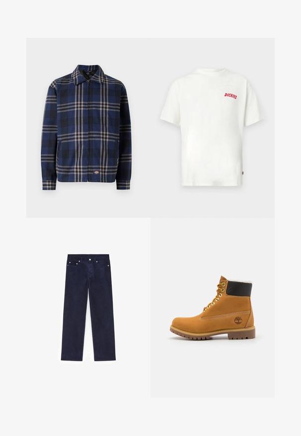 Karierte Jacke in Navy, Schwarz und Beige. Mit Kragen, Frontreißverschluss und elastischen Bündchen sowie einem Logo auf der unteren Seite.; Weißes Baumwoll-T-Shirt mit kurzen Ärmeln und einem kleinen roten "DICKIES"-Logo auf der linken Brust. Lässiger, entspannter Schnitt.; Marineblaue Cordhosen mit geradem Schnitt, ausgestattet mit fünf Taschen und silberfarbener Hardware, strukturierter Stoff mit vertikalen Streifen.; Braune Leder-Ankle-Boots mit Metallösen, weißem Kunstfellfutter, schwarzem gepolstertem Kragen, robustem Sohlenprofil und geprägtem Logo an der Seite.