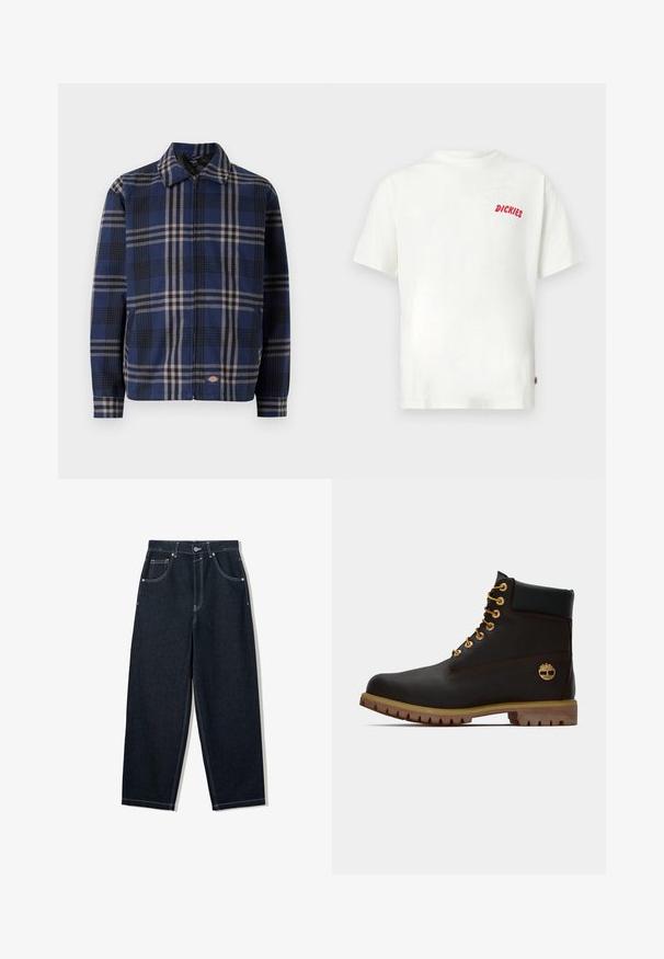 Geruite jas in marineblauw, zwart en beige. Beschikt over een kraag, een ritssluiting aan de voorkant en elastische manchetten met een logo aan de onderzijde.; Wit katoenen T-shirt met korte mouwen, voorzien van een klein rood "DICKIES"-logo op het linkerborstgebied. Casual, ontspannen pasvorm.; Donkerindigo jeans met rechte pijpen, witte contrasterende stiksels, ontwerp met vijf zakken en metalen knoopsluiting in de taille.; Zwarte leren enkellaars met gouden oogjes, bruine accenten en een rubberen zool. Heeft een gevoerde kraag en geperst logo aan de zijkant.