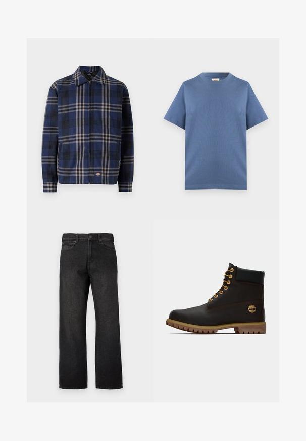 Chaqueta a cuadros en azul marino, negro y beige. Presenta un cuello con solapa, cremallera frontal y puños elásticos con un logo en el lado inferior.; Camiseta lisa de manga corta con cuello redondo en azul apagado sólido, mostrada extendida sobre un fondo gris claro.; Vaqueros negros de mezclilla con un corte recto, con cierre de botones, trabillas para cinturón y cinco bolsillos. La tela tiene un acabado suave con una textura ligera.; Bota de cuero negro de tobillo con ojales dorados, acentos marrones y suela de goma. Presenta un cuello acolchado y un logotipo en relieve en el costado.