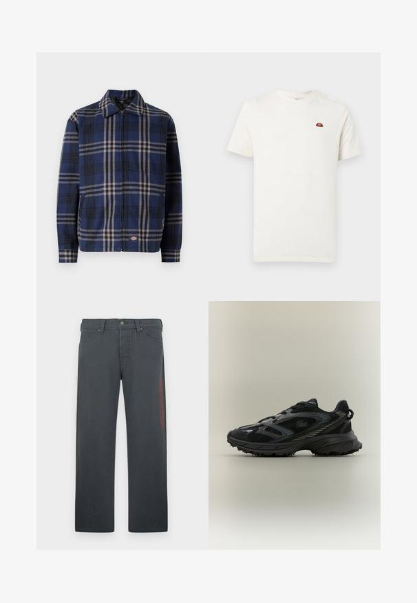 Rutet jakke i navy, sort og beige. Har krave, frontlynlås og elastiske manchetter med et logo på den nederste del.; Hvid kortærmet t-shirt med rund hals og lille rød og orange logo på venstre bryst mod en ensfarvet baggrund.; Grå bukser lavet af bomuldsblandet materiale, med en lige pasform, forlommer og en rød broderet logo på venstre side.; Sort atletisk sko med meshpaneler, en tekstureret sål, snørebånd og en buet silhuet med sølvfarvede accenter på siderne.