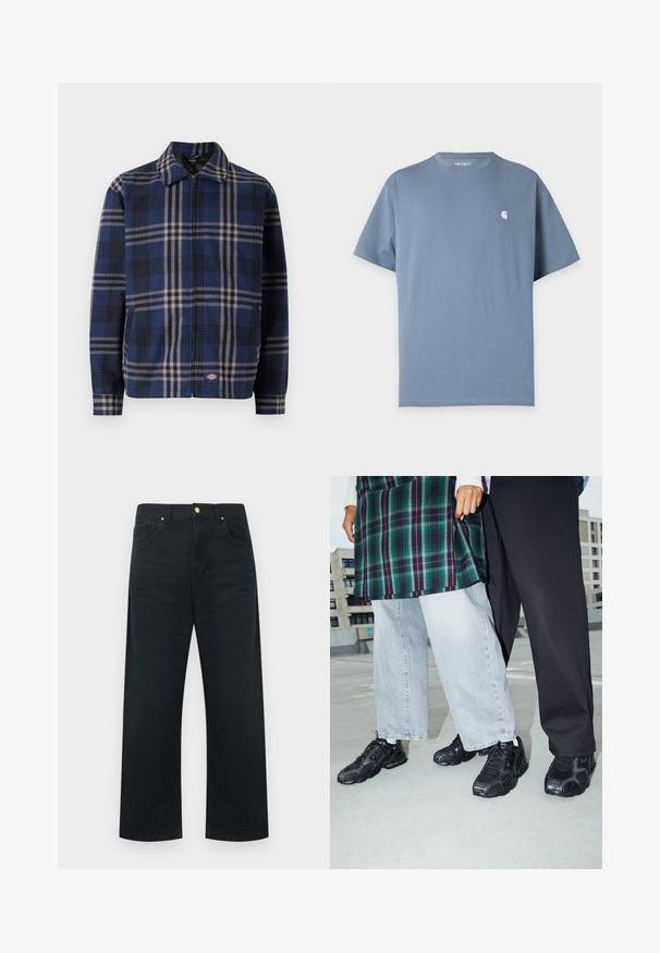 Rutet jakke i navy, sort og beige. Har krave, frontlynlås og elastiske manchetter med et logo på den nederste del.; Ensfarvet blå T-shirt med korte ærmer med lille hvidt logo på venstre bryst og rund halsudskæring.; Sorte vidde bukser i denim med fem-lomme design, guldfarvede detaljer og en ren finish på linningen og kanten.; Sorte atletik sko med mesh- og gummidetaljer. Båret med lysegrå vide jeans og en ternet grøn bluse. Flad overflade i baggrunden.